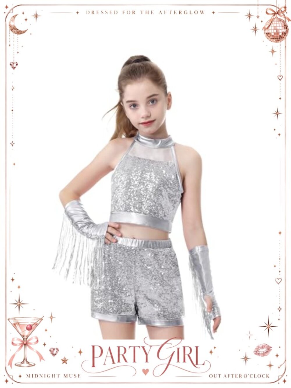 Girls 3 PCS Crop Sequin Top Metallic Shorts Tassel Arm Sleeves Dance Outfit